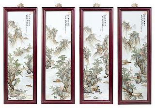 * A Set of Four Chinese Qianjiang Enameled Porcelain Plaques Height of each plaque 29 1/8 x width 8 1/4 inches.