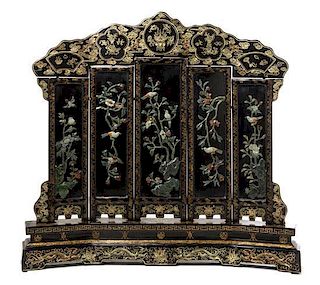* A Chinese Black and Gilt Lacquered Hardstone Inset Five-Panel Table Screen Height 24 3/8 x width 26 1/2 inches.