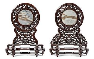 * A Pair of Chinese Dreamstone Marble Inset Jichimu Wood Table Screens Height 31 inches.
