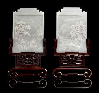* A Pair of Chinese White Jade Table Screens Height of jade 9 7/8 inches.