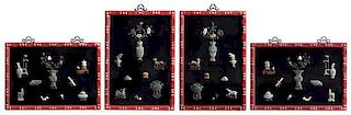 * Four Chinese Hardstone Mounted Lacquer Wall Panels Height 39 1/4 x width 27 3/4 inches.