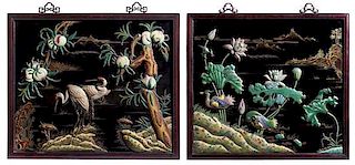 * A Pair of Chinese Cloisonne and Champleve Embellished Lacquered Wall Panels Height 33 1/4 x width 39 3/4 inches.