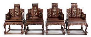 * A Set of Four Chinese Jade Inset Hardwood Armchairs Height 46 x width 27 1/2 x depth 23 inches.