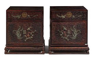 * A Pair of Chinese Hardwood Marriage Chests Height 32 1/2 x width 27 1/8 x depth 17 inches.