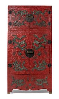 * A Large Chinese Jade Inset and Cinnabar Lacquer Compound Cabinet, Sijiangui Height 103 inches.