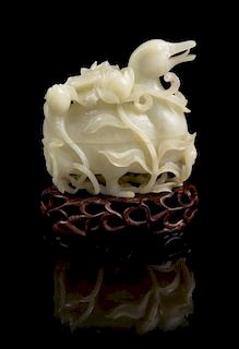 * A Chinese White Jade Duck-Form Box and Cover Width 6 inches.