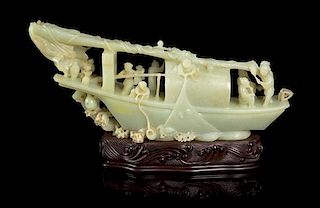 * A Chinese Pale Celadon Jade Boat Width 12 1/4 inches.