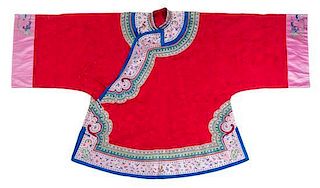 * A Chinese Red Embroidered Silk Lady's Robe Length 43 inches.