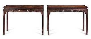 * A Pair of Chinese Jade Inset Hongmu Altar Tables, Tiaoji Height 33 3/4 x width 47 1/4 x depth 15 inches.