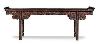 * A Large Chinese Rosewood Scroll Table, Qiaotou'an Height 44 x width 121 1/4 x depth 19 1/2 inches.