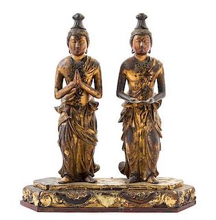 * Two Gilt Wood Figures of Deities Height of taller 10 inches overall.