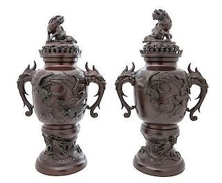 A Pair of Bronze Censers Height 23 1/4 inches.