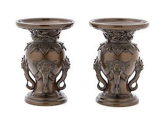 A Pair of Bronze Vases Height 5 3/8 inches.