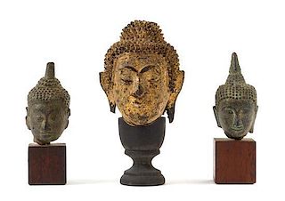 * Three Thai Bronze Heads of Buddha Height of tallest 6 inches.