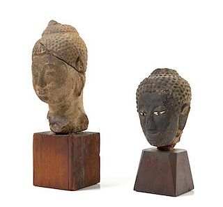 * Two Thai Stone Heads of Buddha Height of taller 11 1/2 inches overall.