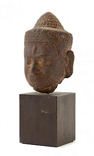 * A Khmer Lopburi Style Limestone Head of Buddha Height 8 1/2 inches overall.