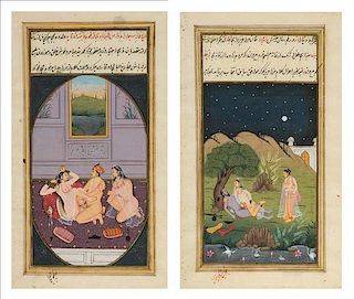 Two Indian Illustrated Manuscript Leaves Height of each 11 1/8 x width 6 3/4 inches.