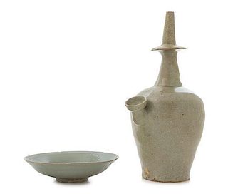 * Two Korean Celadon Glazed Stoneware Articles Height of first 12 1/4 inches.