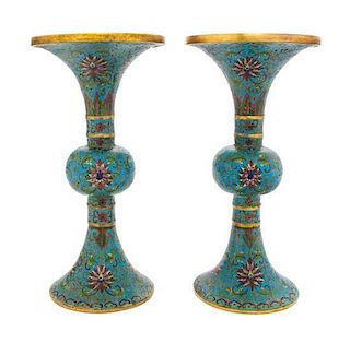 A Pair of Cloisonne Enamel Gu Form Vases Height 8 7/8 inches.