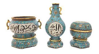Three Cloisonne Enamel Articles Height of tallest overall 7 1/8 inches.