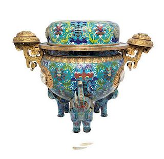 * A Jade Inset Cloisonne Enamel Censer Height 20 1/4 inches.