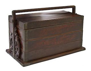 A Mixed Wood Tiered Picnic Box with Jichimu Panels Height overall 8 3/4 x width 13 1/2 inches.