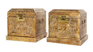 * A Pair of Gilt Lacquered Wood Seal Chests Height 16 inches.