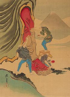 * (JAPAN, PLATES) Collection of 12 hand-colored plates on silk, bound accordion-style, c. 1890.