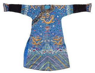 * A Chinese Embroidered Silk Dragon Robe, Jifu Length 54 1/2 inches.