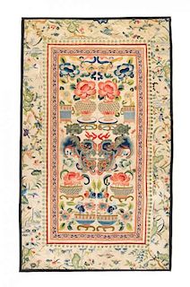 * A Chinese Embroidered Silk Panel Height 24 x width 14 1/8 inches.