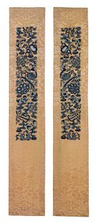 * A Pair of Chinese Embroidered Silk Panels Height 35 x width 6 inches.