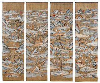 * Four Chinese Kesi Silk Panels Height of each 40 x width 11 inches.