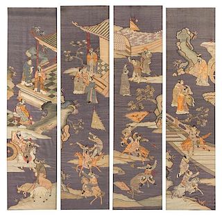 A Set of Four Chinese Kesi Silk Panels Height 40 x width 9 7/8 inches each.