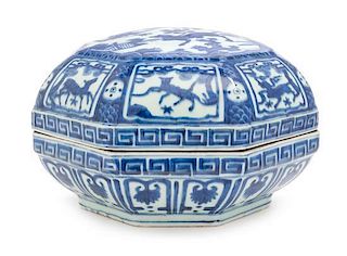 A Blue and White Porcelain Octagonal Box and Cover Width 11 inches.