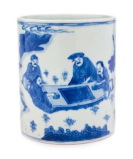 A Blue and White Porcelain Brush Pot, Bitong Height 5 1/2 x diameter 4 5/8 inches.