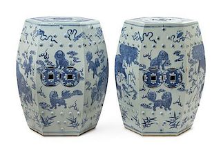 * A Pair of Chinese Blue and White Porcelain Garden Stools Height 17 7/8 inches.