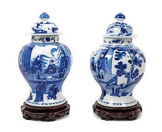 * A Pair of Blue and White Porcelain Jars and Covers Height 16 1/4 inches.