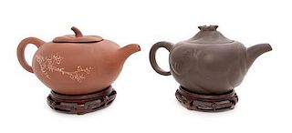 Two Yixing Pottery Teapots Height of taller 5 inches overall.