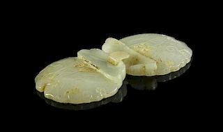 A Celadon Jade Two-Part Belt Buckle Width clasped 4 inches.