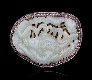A Celadon Jade Inset Belt Buckle Width 2 7/8 inches.