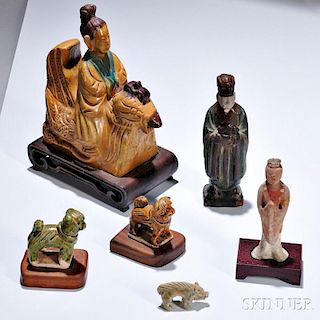 Five Pottery Figures and a Roof Tile