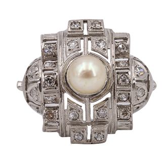 Art Deco Ring in Platinum, Diamonds & Pearl