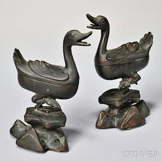 Pair of Bronze Duck-shaped Covered Censors