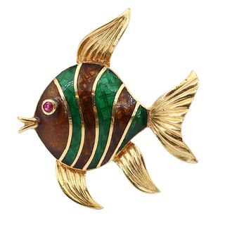 18k Gold, Ruby & Enamel Fish Brooch
