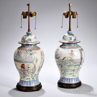 Pair of Canton Enamel Covered Jars Mounted as Lamps
