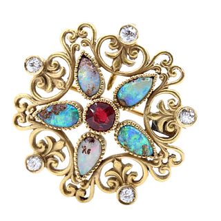 Art nouveau Opals, Diamonds & ruby 18k Gold Pendant Brooch