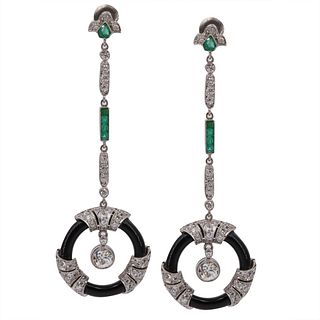 Onyx, Diamonds, & Diamonds Drop Earrings in Platinum