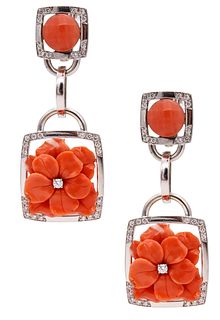 Sabbadini Milano Earrings in 18 kt white gold with 3.45 Cts in Diamonds & Coral