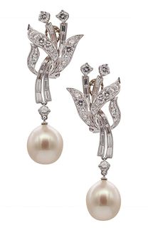 Drop Earrings in Platinum with 4.52 Carats in Diamonds & Pearls
