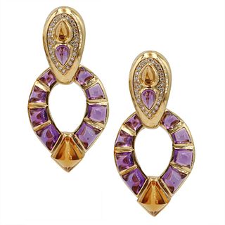 Day & Night Diamonds, Citrines & Amethyst 18k Gold Earrings
